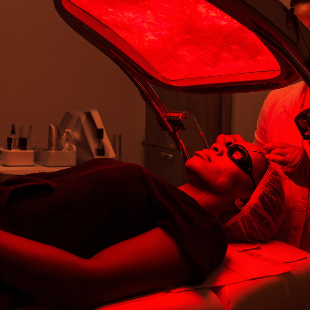 Black woman receiving full body red light therapy treatment