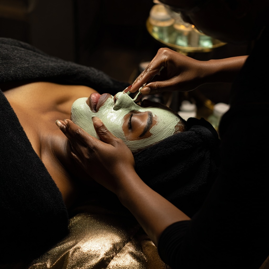 Black woman receiving facial treatment